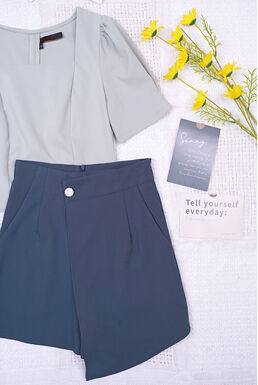 Square Neck Top & Front Addiction Layer Short Pants Set (Grey Green + Grey Blue)